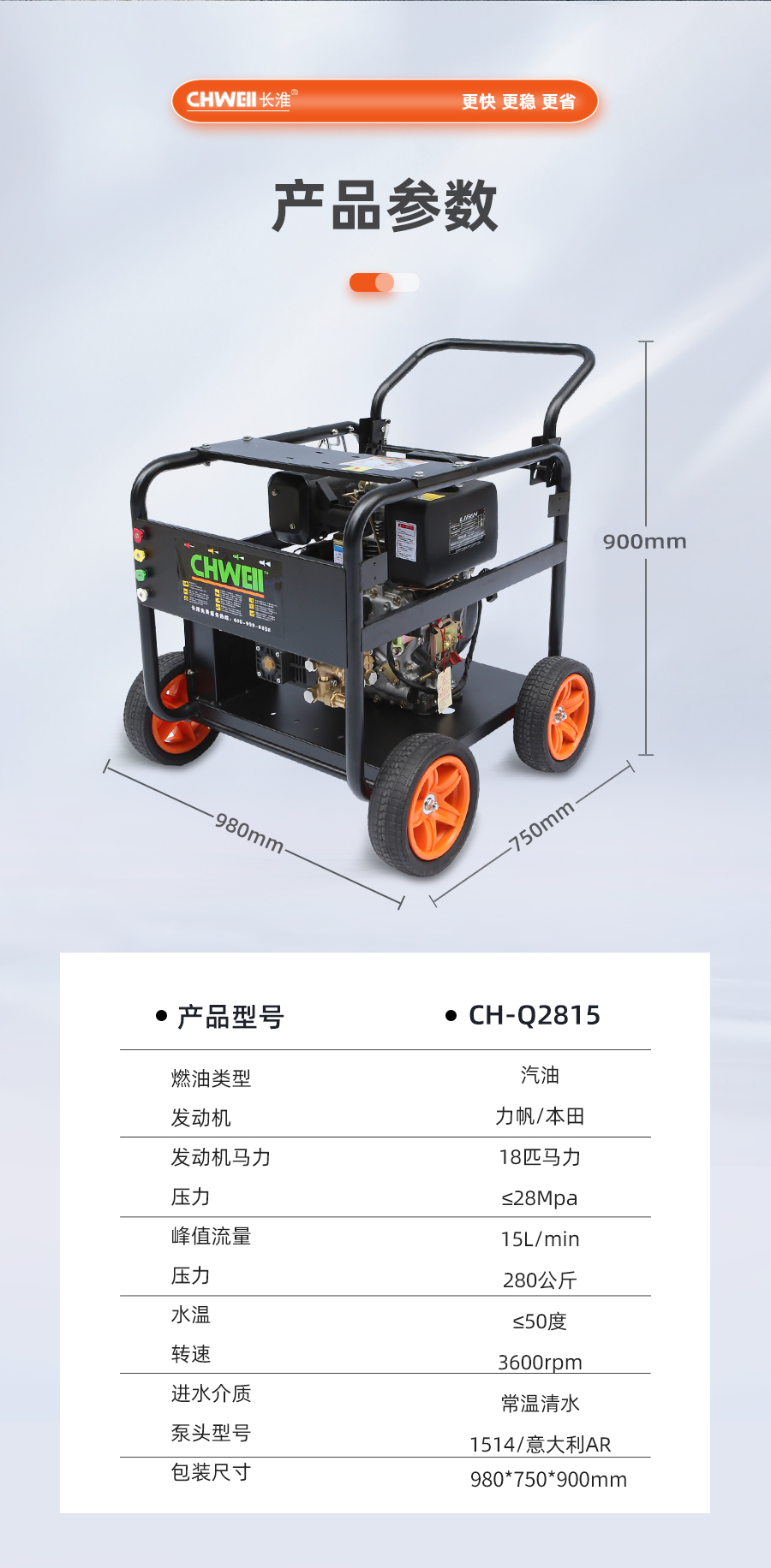 長淮CH-Q2815單缸汽油高壓清洗機(jī)產(chǎn)品參數(shù)